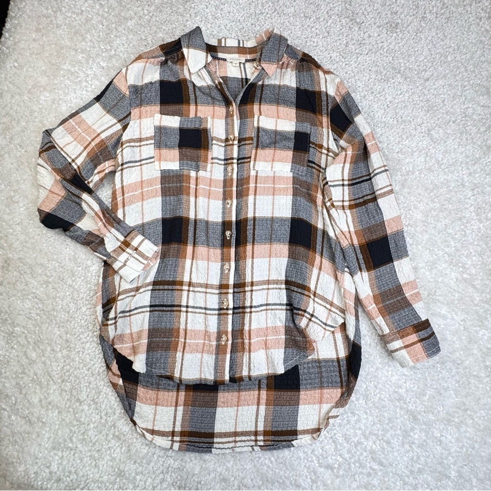Anthropologie Pilcro Relaxed Long-Sleeve Checker Shirt Textured Boho Festival xs